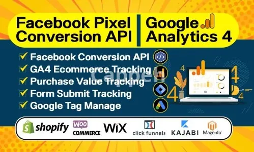 I will setup google analytics,ga4 ecommerce tracking,conversion tracking,facebook pixel